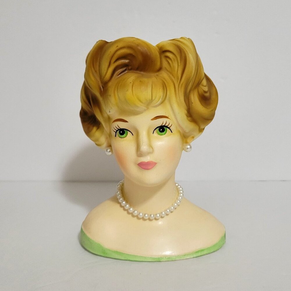 Vintage Parma by AAI Japan Lady Head Vase Blonde Pearl Necklace Green Dress 5.5"
